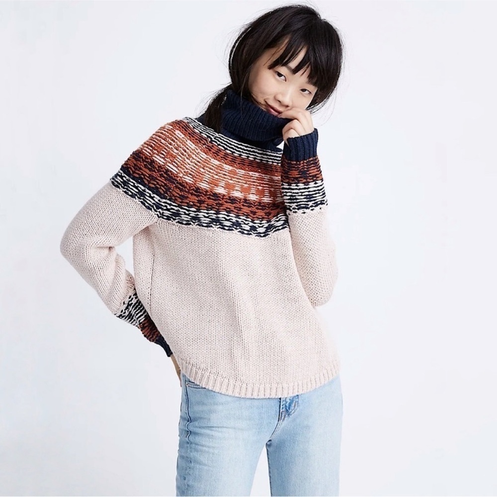 Madewell Brookdale Fair Isle Turtleneck Sweater Navy Orange Fall Small Autumn